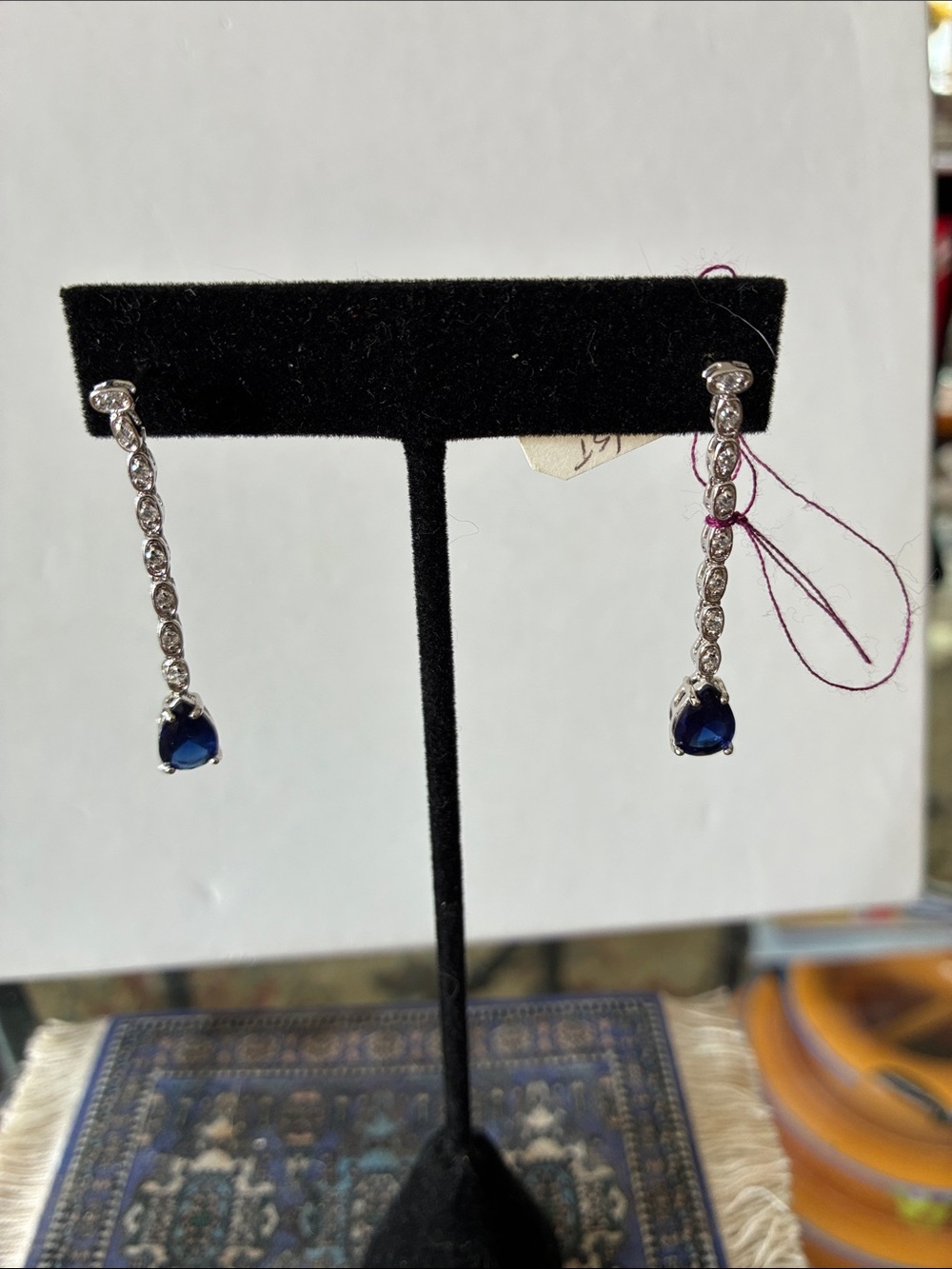 Dainty Sterling-Style Drop Earrings with Deep Blue Teardrop Gems